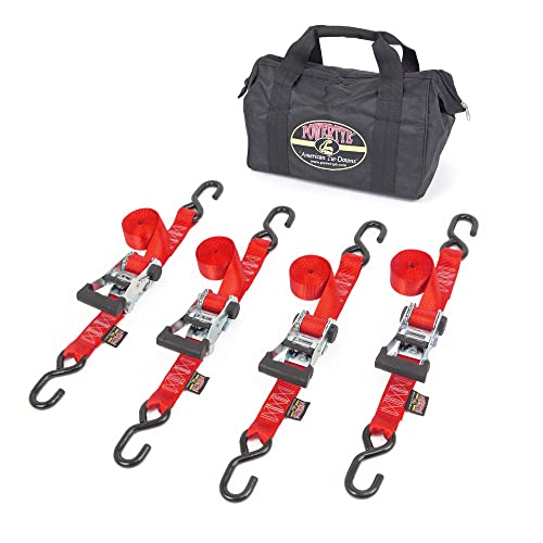 PowerTye Industrial Ratchet Tie-Down Kit - Made in USA - 1.5 inch x 8ft - Heavy Duty Ratchet Straps with S-Hooks, 4-Pack + Storage Bag, for Motorcycles, UTVs & Trailers, 1,000 W.L.L., Red (4-Pack) - color: Red