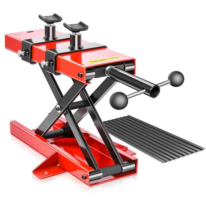 Auto Dynasty Motorcycle Lift Jack, 1100LBS Capacity 2-in-1 Steel ATV Scissor Lift Jack Stand Hoist with Saddle and Rubber Pad for Motorcycles, Bicycles, ATVs, UTVs, Dirt Bikes - size: 1100 LBS (2-in-1 with Rubber Pad)