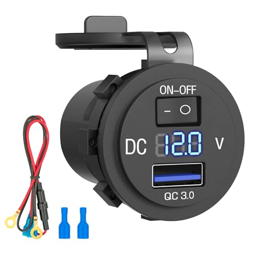 LENKRAD 3.0 Quick Charge USB Voltage Meter with On/Off Button Switch, 12V/24V Motorcycle USB Charger Blue DC Marine Outlet Waterproof, RV Power Port with Digital Display for Car,Boat - color: 3.0-Blue2