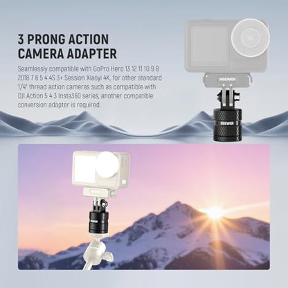 NEEWER Action Camera Tripod Mount Adapter Compatible with GoPro Hero 13 Go Pro 12 11 10 9 Black DJI Osmo Action 5 Pro 4 3, 360° Swivel 1/4"-20 to 3 Prong Mount for Standard 1/4 Accessories, GP-89 - style: GP-89