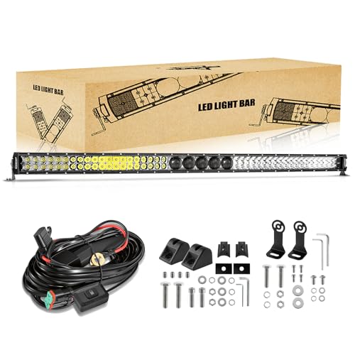 Auxbeam 52 Inch led Light bar 450W LED Driving Work Light Slim Dual Row Spot Flood Combo Off Road Lights 5D PRO Lens Driving Lamp with Wiring Harness for Trucks Jeep Off Road SUV UTV ATV - size: 52" 450W
