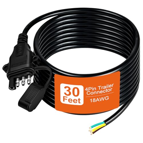 18AWG 30FT 4 Pin Trailer Connector Pure Copper 4 Pin Trailer Wiring Harness Jacketed Cable Heavy Duty Male Extension Wiring Harness 4 Wire 4-Flat Connector 4 Way Flat Plug with Dust Cover - size: 30 Ft 18AWG