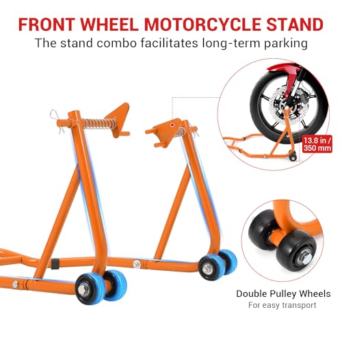 Motorcycle Stand Lift, 850lbs Front Rear Stand Lift Stand, Universal Paddock Lift Stand, Front Wheel Fork Stand, Rear U+L Fork Swingarm Spool Stand, for Parking, Maintenance, Cleaning