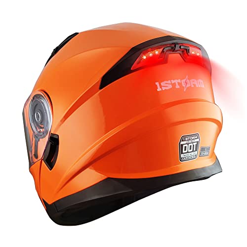 1Storm New Motorcycle Bike Modular Full Face Helmet Dual Visor Sun Shield with Rechargeable LED Tail Light: Glossy Orange - color: Glossy Orange, size: Large
