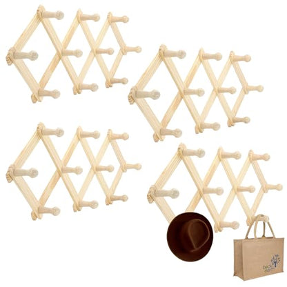 Set of 4 RAM-PRO Accordion Style Wood Expandable Wall Rack for Hat, Cap, Belt, Umbrella Coffee Mug Jewelry Hanging Wooden Pegs - style: 4 Pack