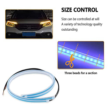 2PCS White-Amber Streamers LED Light Strip for Head Light Day Running Light/Turn Signal Bulbs, Cuttable & Waterproof, Universal 12V Exterior Car LED Light Truck SUV Decorations