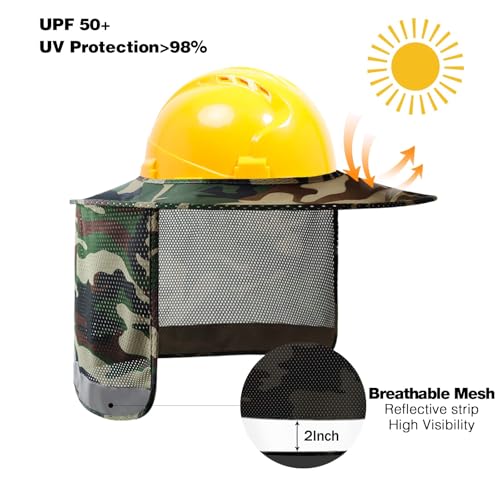 TCCFCCT Camo Hard Hat Sun Shade, Full Brim High Visibility Mesh Neck Shield and Bandana Face Scarf with Construction Arm Sleeves, Hard Hat Accessories, 3 Packs - color: Sun Shade 1+bandana 1+sleeves 1pair Camo