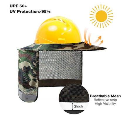 TCCFCCT Camo Hard Hat Sun Shade, Full Brim High Visibility Mesh Neck Shield and Bandana Face Scarf with Construction Arm Sleeves, Hard Hat Accessories, 3 Packs - color: Sun Shade 1+bandana 1+sleeves 1pair Camo