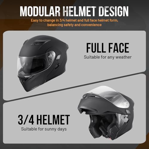 OUMURS DOT Modular Motorcycle Full Face Helmet Flip-Up Dual Visor, Lightweight & DOT Approved, Matte Black