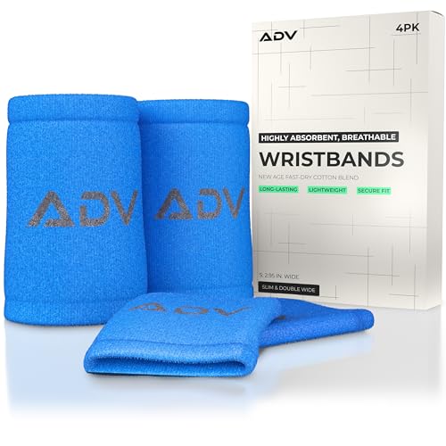 ADV Tennis Wristbands with New Age Polyester Cotton Blend - Ultra Absorbent Wrist Sweatbands - Doublewide & Slim Wrist Bands for Sweat - 4 Pack or 2 Pack - color: 4-Pack Blue, size: Small