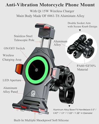 BRCOVAN Aluminum Alloy Motorcycle Phone Mount with Qi 15W Wireless Charger | with Vibration Dampener, Waterproof Anti-Theft Motorcycle Handlebar Cellphone Holder, Adjustable Fit 4.7''-7.2'' Smartphones - color: BLACK