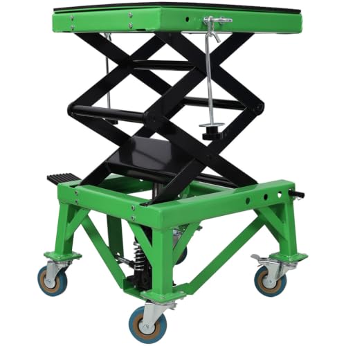 350 LBS Hydraulic Motorcycle Lift Jack, Foot-Operated Scissor Lift Stand with Locking Casters, J-Hook & Rubber Top Platform for Dirt Bikes, Motorcycles and ATVs
