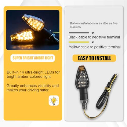 4PCS Motorcycle Turn Signals 12V,Mini Motorcycle Turn Signal Lights Indicators,14LED Front/Rear Blinkers Lights with Amber Lamp,10mm Universal Compatible with Honda Yamaha Kawasaki Suzuki Harley