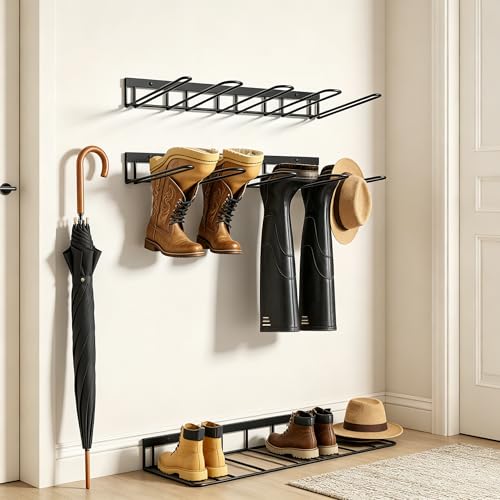 2026 New 2 Pack Metal Boot Rack for Closet, Wall Mounted Wader Hangers and Shoe Organizer, Heavy Duty Garage Storage Hooks for Tall Cowboy Boots, Black