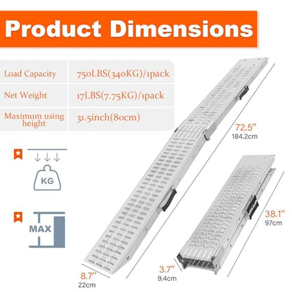 72.5" Heavy Duty Folding Loading Ramps, 1500lb Capacity, Ideal for Motorcycles, Lawn Mowers, ATVs, UTVs, and More – Pack of 2 with Safety Straps and Gloves