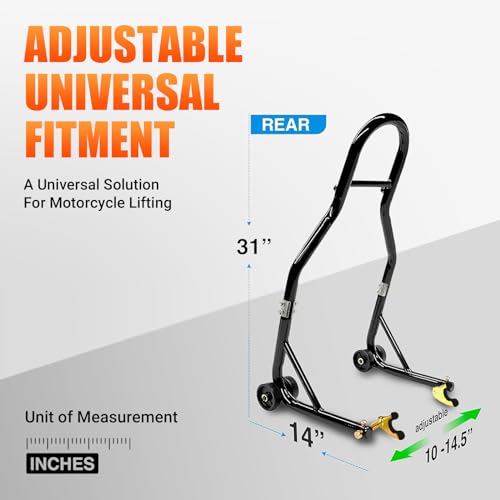 Motorcycle Rear Wheel Stand, with U + L Fork Swingarm Spool, 850lbs Capacity Universal Paddock Lift Jack Stand, Compatible With Most Yamaha Honda Kawasaki Suzuki BMW Motorcycles(New Update)