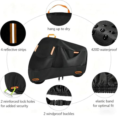 Heavy-Duty Motorcycle Cover for Moto Guzzi V100 Mandello S 2023–, All Season Durable Waterproof Protection Cover, Lock-Holes & Windproof Buckles Black-Orange_XXL
