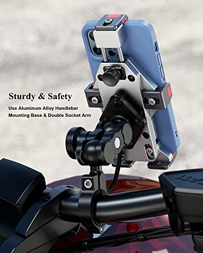 BRCOVAN Aluminum Alloy Motorcycle Phone Mount with Qi 15W Wireless Charger | with Vibration Dampener, Anti-Theft Waterproof Motorcycle Handlebar Cellphone Holder, Adjustable Fit 4.7''-7.2'' Smartphones - color: SILVER