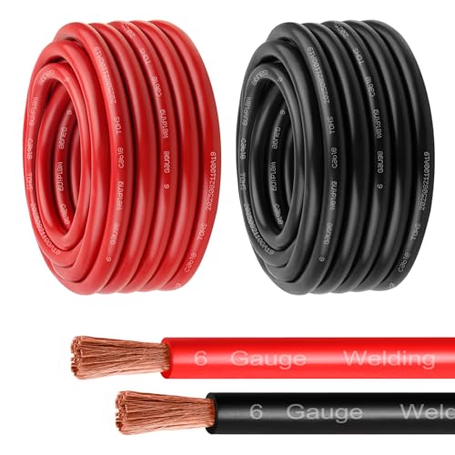 MOOKEERF 6 Gauge Battery Cable - 25FT Red + 25FT Black 6 AWG Welding Cable Flexible Stranded Oxygen-Free Pure Copper Wire for Automotive, Battery, Inverter, Solar, Marine and Generator - color: 25ft Black + 25ft Red, size: 6AWG