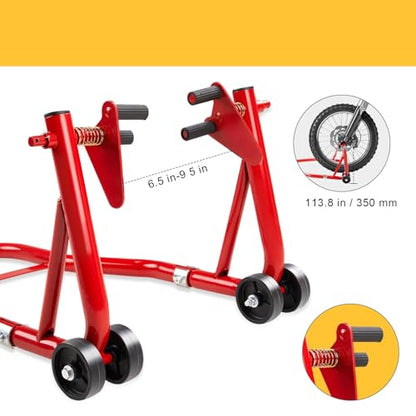 850 lbs Motorcycle Stand Lift Front & Rear Combo, Universal Adjustable Motorcycle Paddock Stands with Wheels, Heavy Duty Bike Lift Stand for Maintenance, Storage & Repair, Red