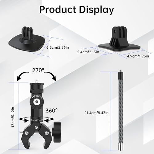 Action Camera Motorcycle Mount Bundle Compatible with Insta360 X5, X4, X3, X2, GO 3S, GoPro Hero 13/12/11, DJI Osmo Action 5 Pro - Heavy-Duty Handlebar Clamp & Helmet Extension Arm Kit