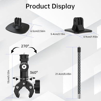 Action Camera Motorcycle Mount Bundle Compatible with Insta360 X5, X4, X3, X2, GO 3S, GoPro Hero 13/12/11, DJI Osmo Action 5 Pro - Heavy-Duty Handlebar Clamp & Helmet Extension Arm Kit