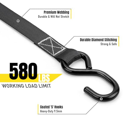 Stay There Ratchet Tie Down Straps 1'' x15', Ratchet Straps with S Hook - 1760lb Break Strength for Securing Motorcycle, Kayak, Truck with Rubber Handles, A Sturdy Bonus Bag & 4 Soft Loops Included - color: Black