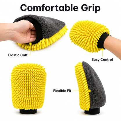 Car Wash Mitt, Double-Sided Chenille Microfiber, Yellow and Black, Waterproof