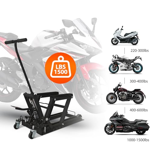 Hydraulic Motorcycle Lift Jack 1500 LBS Capacity Portable ATV Scissor Lift Table with 4 Universal Casters Foot-Operated Hoist Stand for Motorcycles ATV UTV Powersports Black