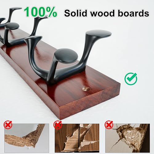 WEBI Coat Rack Wall Mount,17" Solid Wood Coat Hooks Wall Mounted Coat Hanger,16" Hole to Hole,Heavy Duty Hook Rack Rail,3 Triple Hooks for Hanging Coats,Jacket,Clothes,Hat,Backpack,Cherry - color: Cherry, size: 17 Inch