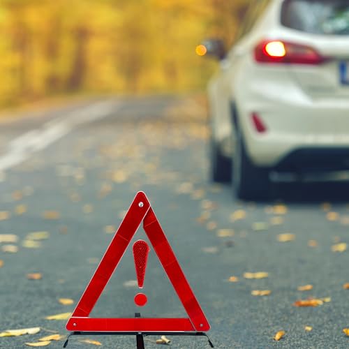 BRIGHTGUARD Reflective Road Safety Triangle with Warning Exclamation Point | High Visibility and Durable Construction || Foldable and Comes with Case - color: Red - 1 Piece