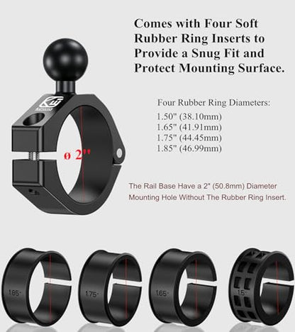 BRCOVAN Aluminum Alloy Large Bar Clamp Mount Base with 1'' TPU Ball | Fit 1.5'' / 1.65'' / 1.75'' / 1.85'' / 2'' Diameter Round Rails, Fit for RAM Mounts B Size 1 Inch Ball Double Socket Arm