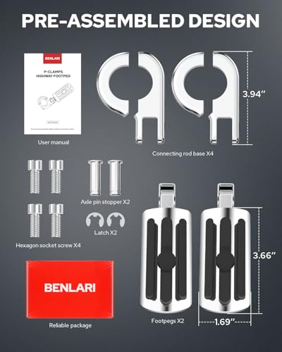 Benlari Highway Pegs A3 Steel Motorcycle Footpegs For 1.25" Engine Guard Highway Pegs For Crash Bars Foot Pedal Bracket Clamp Compatible With Harley Touring Electra Road Glide Road King - color: CHROME