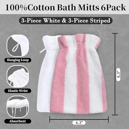 VOOVA & MOVAS 6-Pack Bath Mitts for Shower, 100% Cotton Soft Absorbent Wash Cloths with Hanging Loop, 8.3x6.3 Inch European Style Bathing Gloves for Body & Spa, Pink Stripe & White - color: Pink Stripe&white