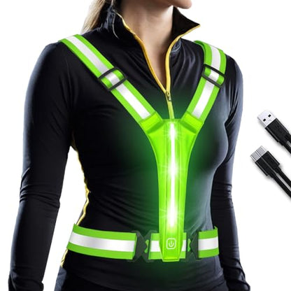 LED Rechargeable Reflective Vest with 11hrs Runtime, Light Up Safety Gear for Night Running Walking Cycling, USB Rechargeable - color: Green