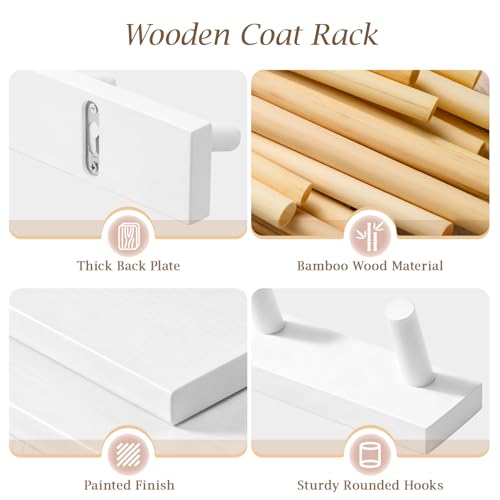 Coat Rack Wall Mount, Wooden Coat Hanger with 5 Hooks, Heavy Duty, White, 1 Pcs - color: White