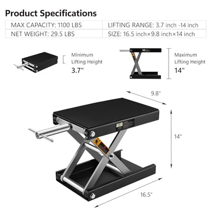 Motorcycle Lift - 1100 LBS Motorcycle Scissor Lift Jack with Wide Deck & Safety Pin, 3.7"-14" Heavy Duty Steel Motorcycle Table Lift Jack for Bikes ATVs Garage Repair Center Stand Lift Jack, Black