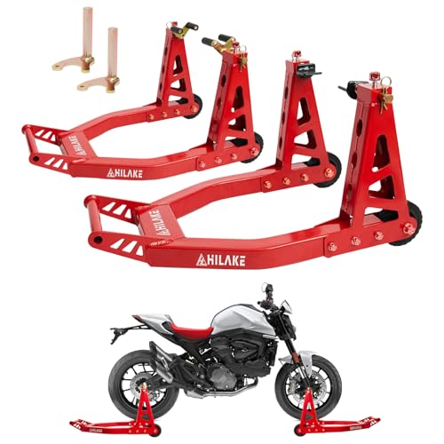Aluminum Motorcycle Stands Front and Rear 880lbs Heavy Duty Wheel Lift Combo Swingarm Spool Peddock Stand for Yamaha Honda Kawasaki Suzuki U+L Red - color: Red