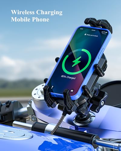 BRCOVAN Motorcycle Fork Stem Phone Mount with Wireless & USB-C Charger | Qi 15W & PD 36W, Anti-Theft Motorcycle Phone Holder with Vibration Dampener for 5.4''-7.2'' Cellphones