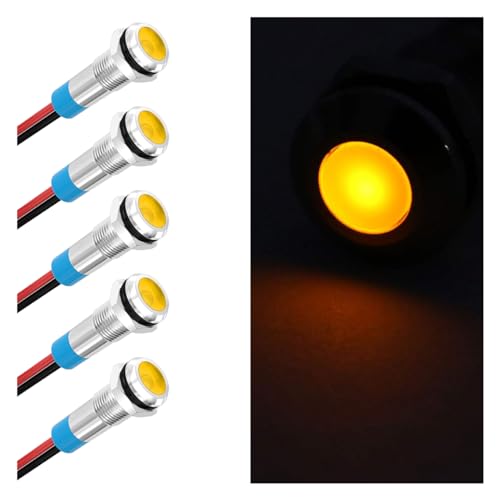 5PCS 6MM 1/4" LED Indicator Light, AC/DC 12-24V Waterproof IP66 Metal Signal Lamp, Metal Indicator with 145mm Wire, Automotive LED Indicator Light for Cars Trucks Boats (Yellow) - color: Yellow