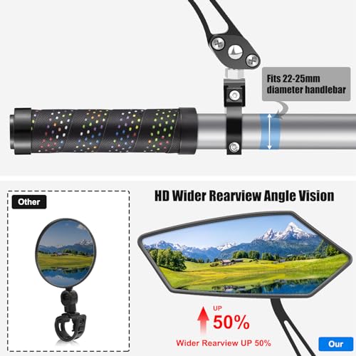 Diyife Bike Mirror 1 Pair, [New Version] HD Wide Angle Large Handlebar Rearview Mirror, Blast-Resistant 360°Adjustable Bicycle Rear View Mirror Accessories for Ebike Mountain Road Bike - size: 2 PCS-Black