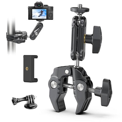 XIAOTJ Super Clamp Camera Mount with Magic Arm Double 360° Ballhead and Phone Tripod Mount/Action Camera Adapter for Phone/GoPro DJI Insta360/Monitor/DSLR/Motorcycle Bike Handlebar Gun Scope Mounts