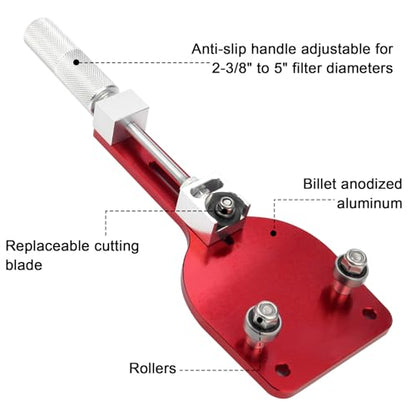 77750 Oil Filter Cutter 2-3/8''-5'' Cutting Range Oil Filter Cutting Tool with a Spare Cutting Blade Can Opener for Car Airplane Lawnmower Motorcycle Filter Use, Aluminum Alloy, Red