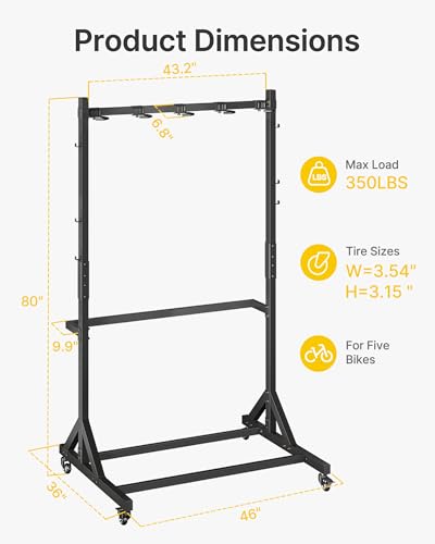 monTEK Freestanding Bike Storage Rack for 5 Bikes, Heavy Duty 350LBS Vertical Bike Stand with 5 Bike Hooks & 6 Helmet Hooks, Indoor and Outdoor Bike Storage Rack with Locking Casters - size: 5 Bike Rack