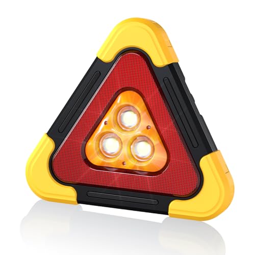 USB Rechargeable LED Road Safety Triangles, 4-in-1 Standard Warning Triangles Emergency Reflector with 30 High Visibility LED, Power Bank, Flashlight, SOS, Emergency Triangles for Vehicles