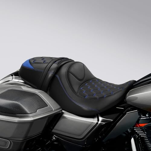 C.C. RIDER Low-Profile Rider&Passenger Seat Fit for Harley Touring 2023-2025 CVO Street Glide FLHXSE CVO Road Glide FLTRXSE 2024-2025 Street Glide FLHX Road Glide FLTRX FLTRXSTSE - size: 09# Black+ Blue Stitchs