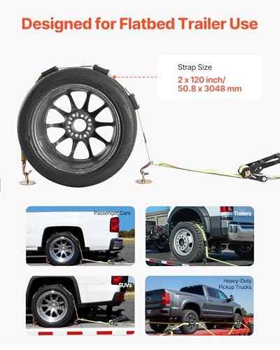VEVOR Wheel Chock Tie-Down Kit, Deck-Style Trailer Tie Down Strap, Car Tie Down Kit with J-Hook, Break Strength 10009 lbs & Working Load 3333 lbs Motorcycle System for SUVs, Trailers, Trucks - style: Deck-Style with J-Hook