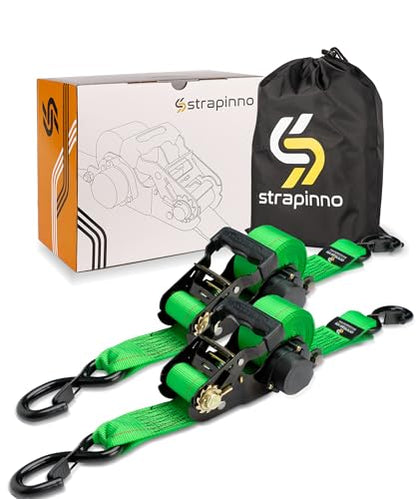 Strapinno Retractable Ratchet Tie-Down Straps,5,000 lbs Breaking Strength- 2 in x 12 ft Heavy Duty Ratchet Strap with Safety Lock S Hooks for Motorcycles, ATVs, UTVs, Lawn Equipment & Cargo (Green) - color: Green