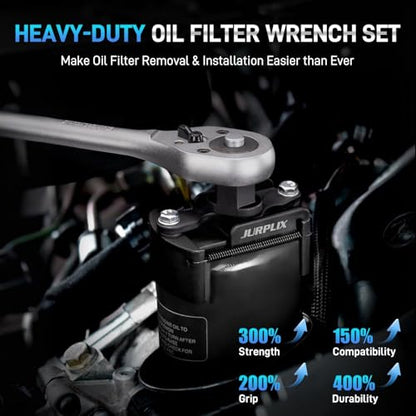 Universal Adjustable Oil Filter Wrench– 2-3/8 to 3-1/8 Inch (60-80mm) Cap Style Tool, 1/2" Drive Removal Tool with Non-Slip Serrated Jaws – Fits Small to Medium Spin-on Filters, UTVs, JetSkis