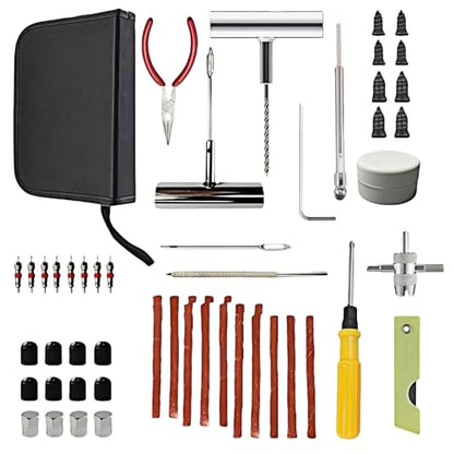 55PCS Tire Repair Kit – Heavy Duty Plug & Patch Kit with Tire Gauge & Valve Tools – Emergency Flat Tire Repair for Car, Truck, Motorcycle, ATV, SUV – Includes Storage Bag & Manual